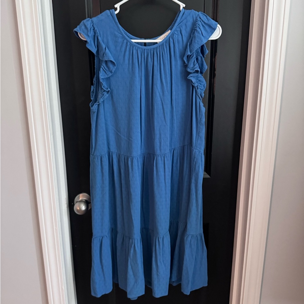 LOFT Blue Ruffle Sleeve Tiered Midi Dress